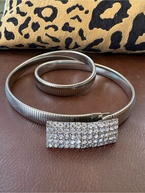 Silver Crystal Rectangular Buckle Stretch Vintage 80's Coil Belt